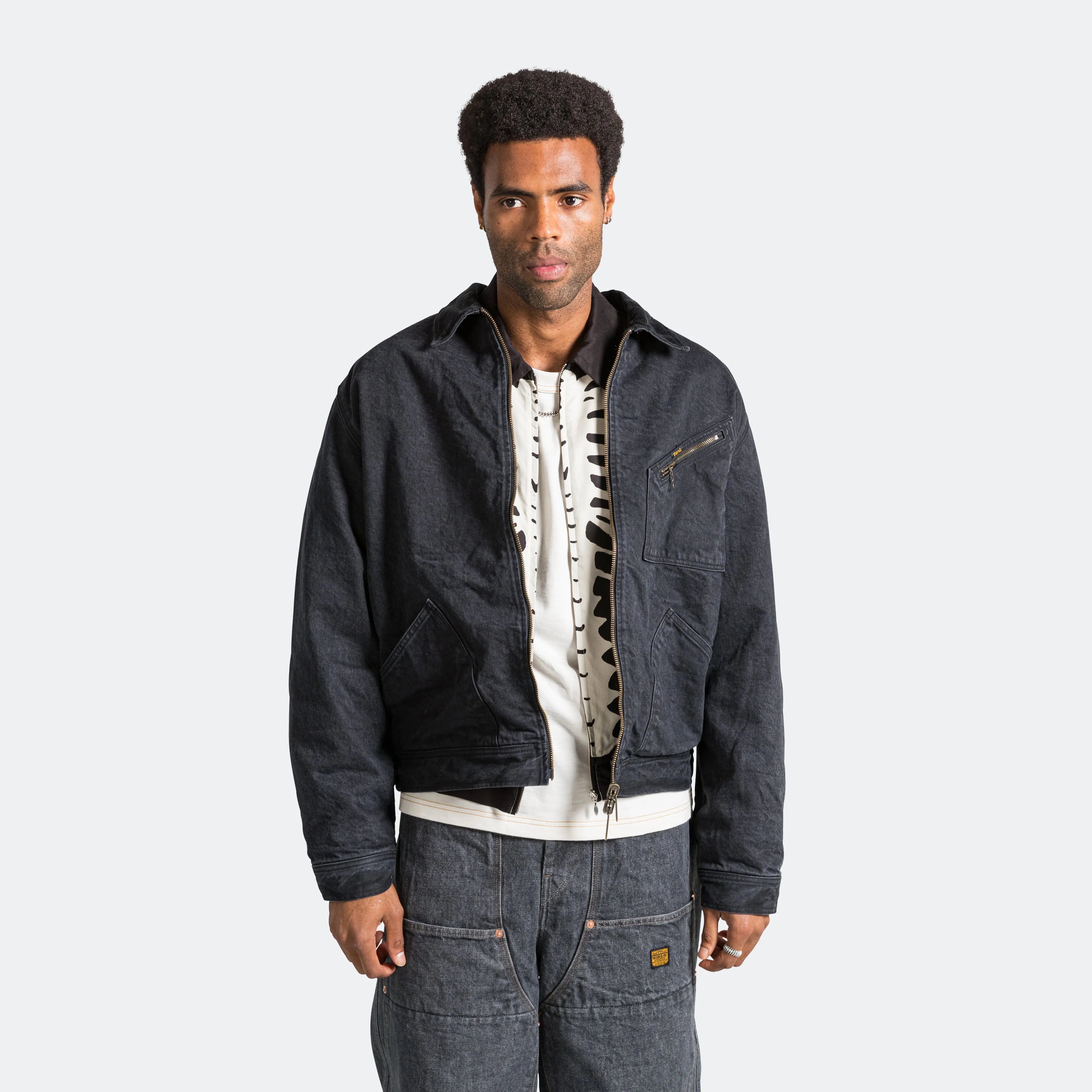 Reversible Black Denim Work Jacket with Bone Lining and Zip-Up Front, 14oz