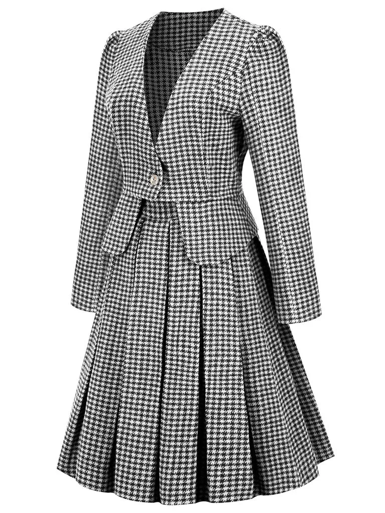 1950S  Green Houndstooth Long Sleeve Vintage Blazer Swing Dress Set