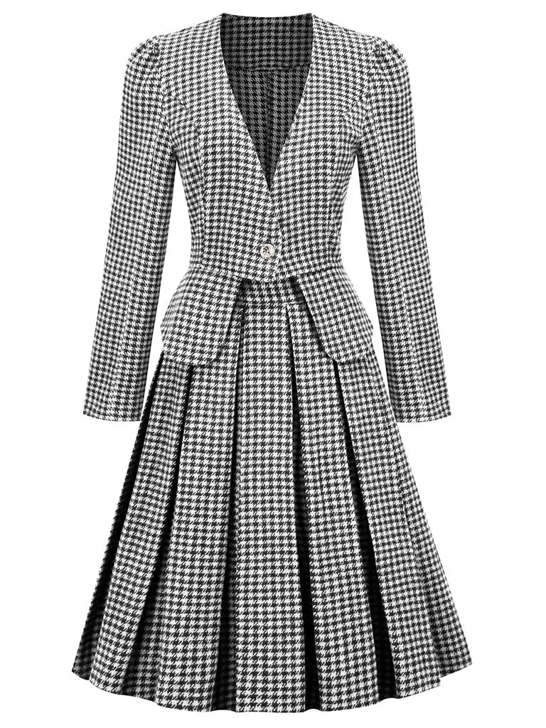 1950S  Green Houndstooth Long Sleeve Vintage Blazer Swing Dress Set