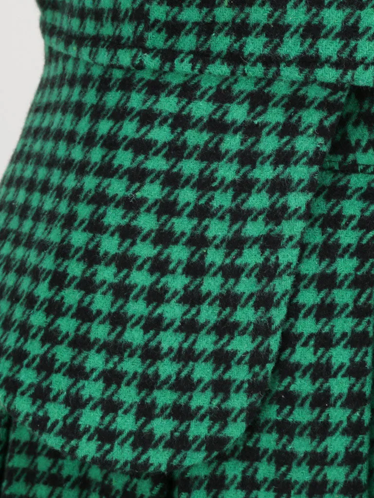 1950S  Green Houndstooth Long Sleeve Vintage Blazer Swing Dress Set