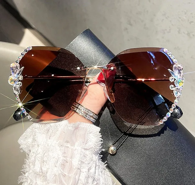 2021 Fashion Brand Design Vintage Rimless Rhinestone Sunglasses Women Men Retro Cutting Lens Gradient Sun Glasses Female UV400