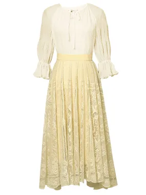 2PS Apricot 1950S Vintage Classic Top And Yellow Lace Skirt Set