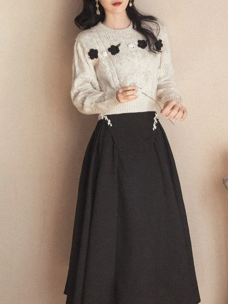 2PS Bowknot Sweater And Pleats With Glass Diamond Swing Skirt 1950S Hepburn Style Outfits