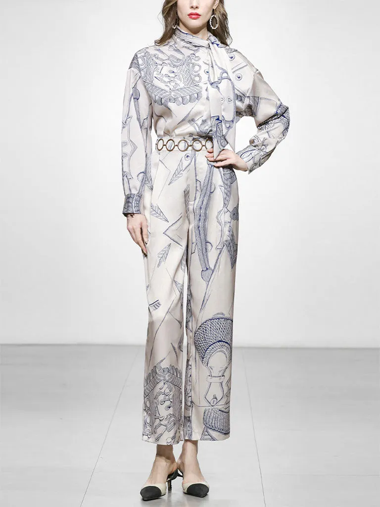 2PS Champagne Satin Floral Printed Shirt And High Waist Wide Leg Pants Suit