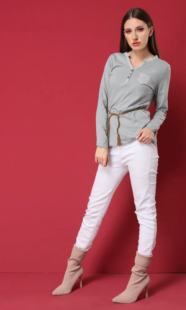 34068 Grey Basic Buttoned Henley T-Shirt