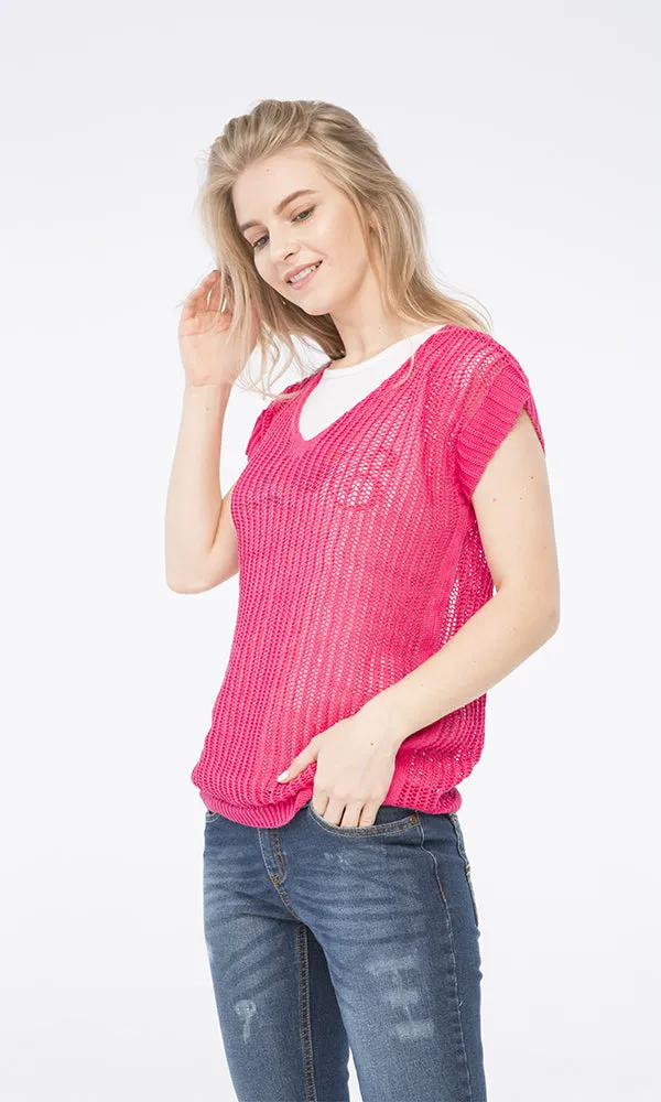 38588 Knitted Short Sleeves Top - Fuchsia