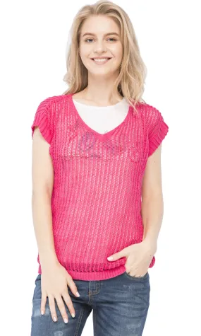 38588 Knitted Short Sleeves Top - Fuchsia