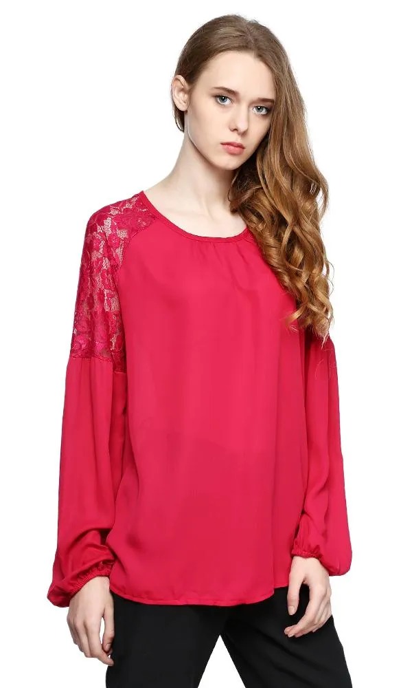 38800 Lace Sleeves Blouse - Dark Fuchsia