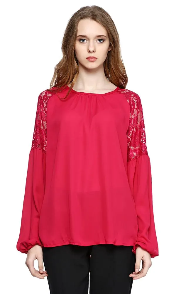 38800 Lace Sleeves Blouse - Dark Fuchsia