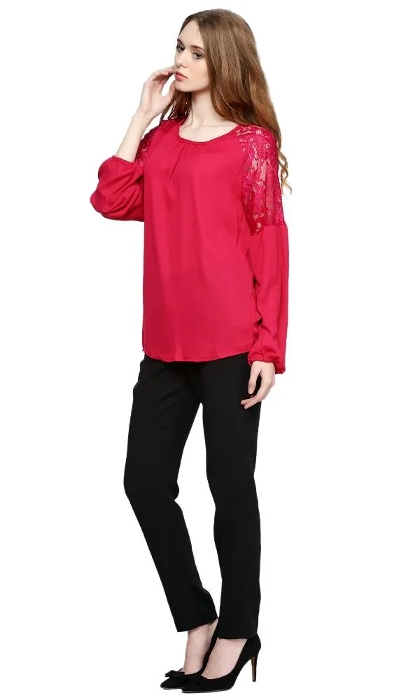 38800 Lace Sleeves Blouse - Dark Fuchsia