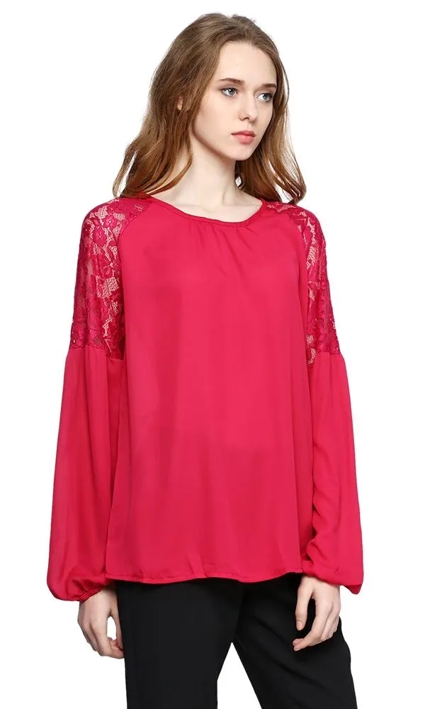 38800 Lace Sleeves Blouse - Dark Fuchsia