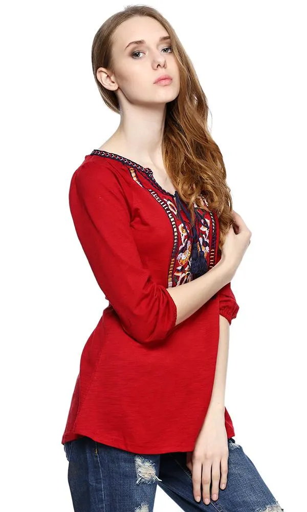 39337 Embroidery Panel Top Tassel Detail - Red