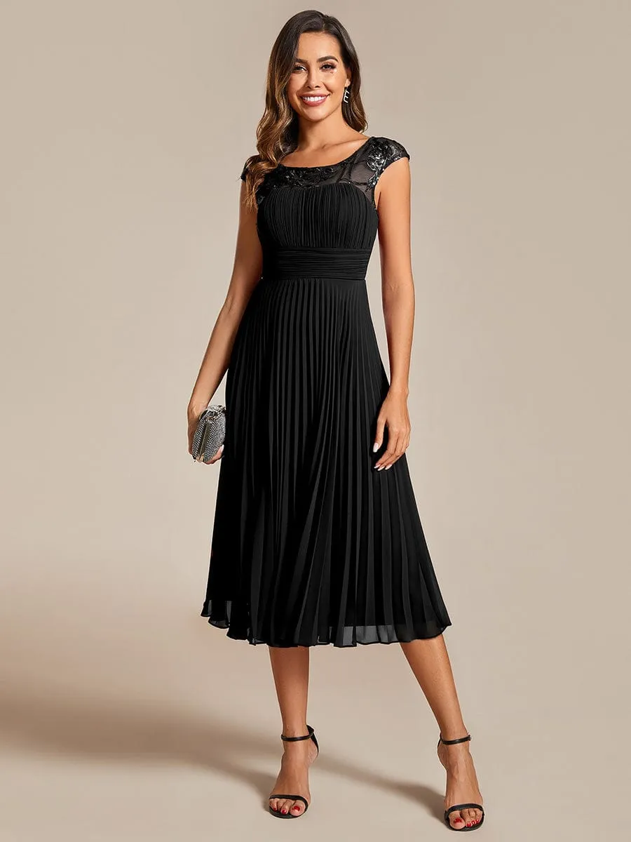 A-Line Pleated Chiffon Wedding Guest Dress with Round Neckline and Cap Sleeves