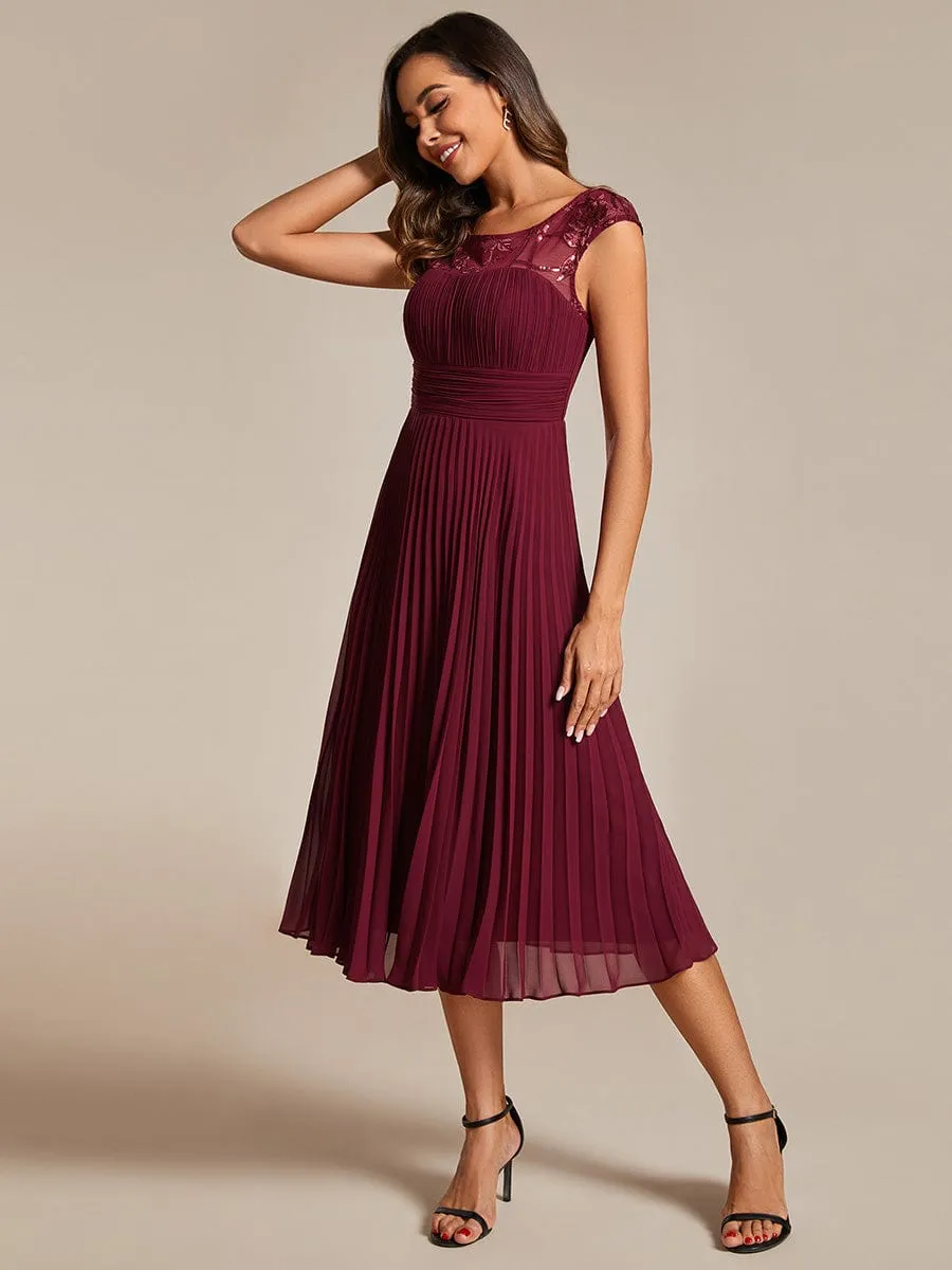 A-Line Pleated Chiffon Wedding Guest Dress with Round Neckline and Cap Sleeves