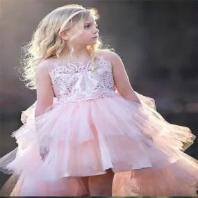 A-Line Round Neck Hi-lo Pink Tulle Flower Girl Dress With Appliques,Cheap Flower Girl Dresses,FGY0191