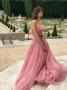 A-line Sleeveless Pink Tulle Evening Dresses ,Cheap Prom Dresses,PDY0579