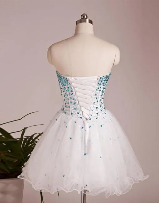 A Line Sweetheart Neck White Short Prom Dresses, Short Homecoming Dresses, Graduation Dresses