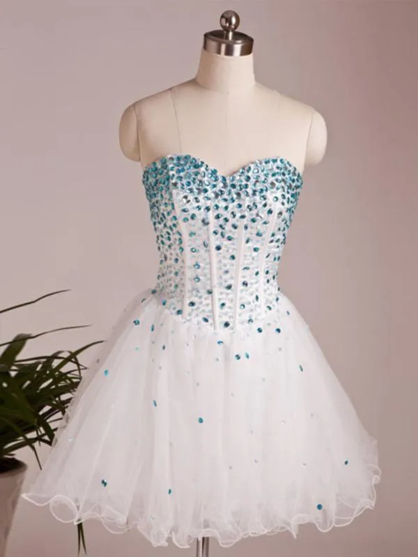 A Line Sweetheart Neck White Short Prom Dresses, Short Homecoming Dresses, Graduation Dresses