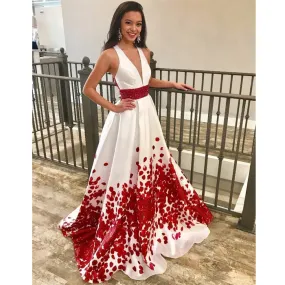 A Line V Neck Sleeveless Red Applique Long Prom Dresses, SG127