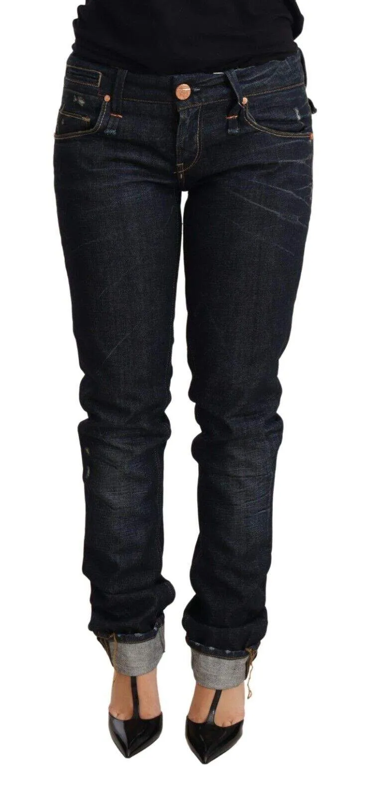 Acht Dark Blue Cotton Slim Fit Folded Hem  Denim Trouser Jeans