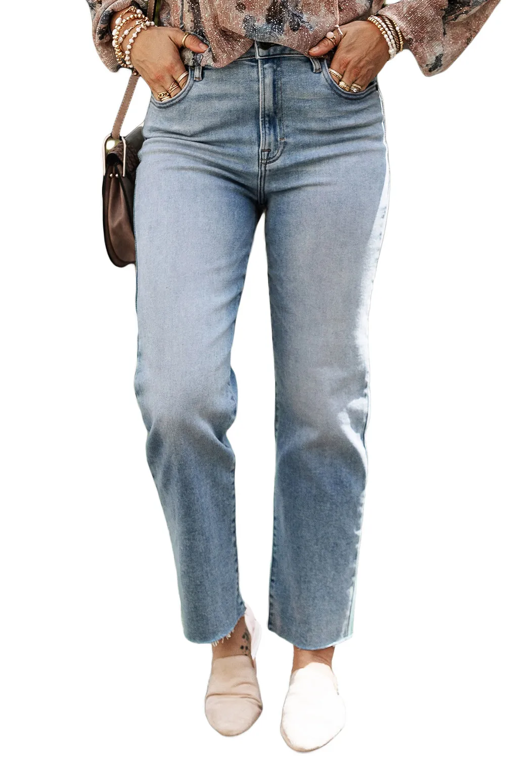 Acid Wash Raw Edge Straight Jeans