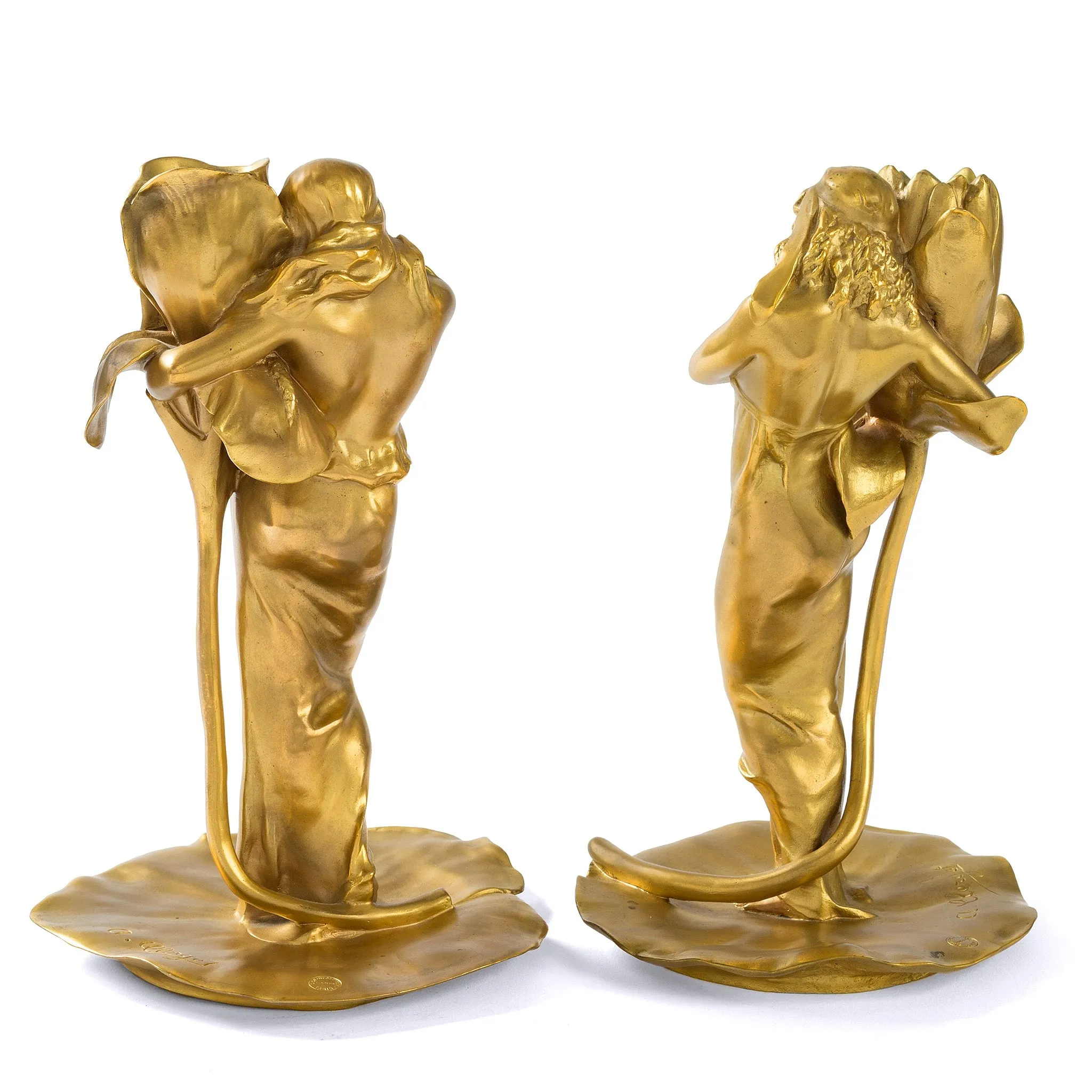 Alexandre Clerget "Iris & Lotus" Gilt Bronze Candlesticks