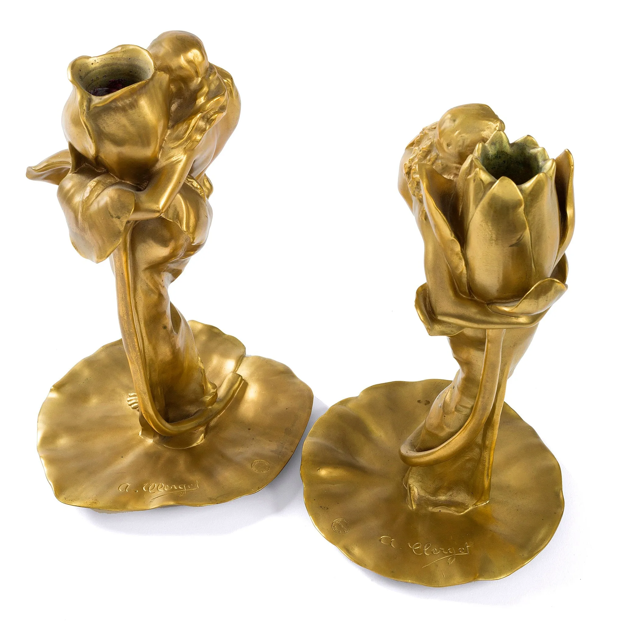 Alexandre Clerget "Iris & Lotus" Gilt Bronze Candlesticks