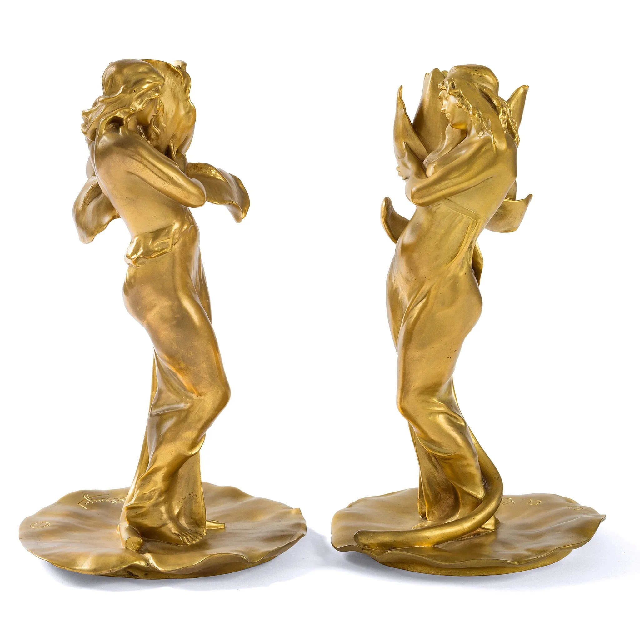 Alexandre Clerget "Iris & Lotus" Gilt Bronze Candlesticks