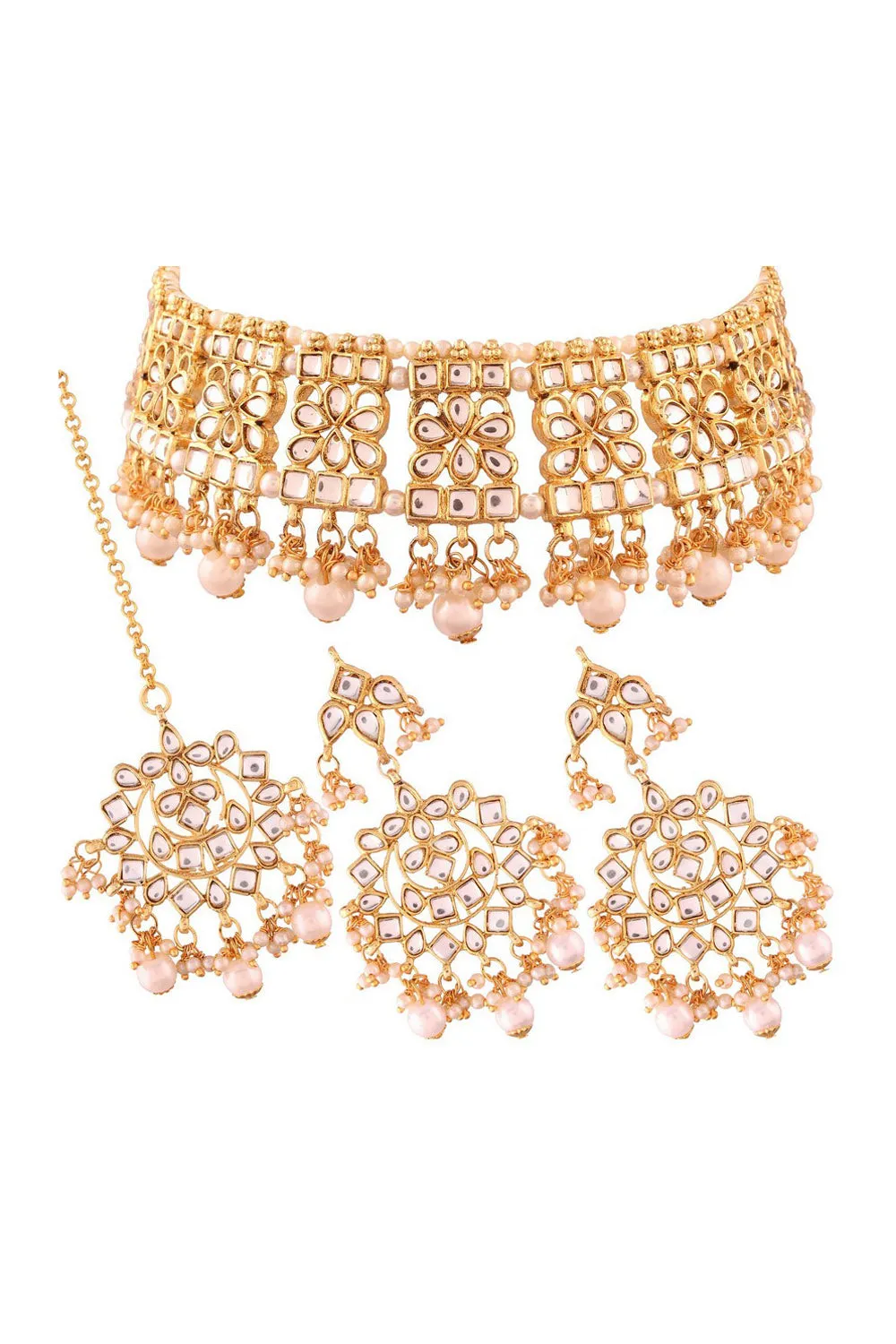 Alloy Necklace Set with Maang Tikka in White