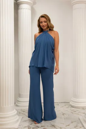 Angelino indigo chiffon neck tied jumpsuit