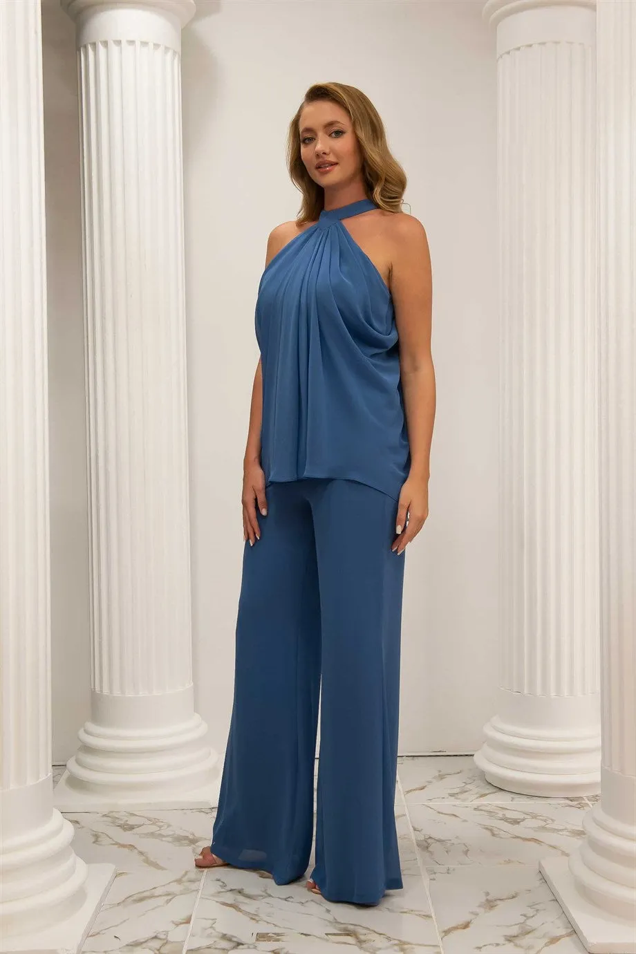 Angelino indigo chiffon neck tied jumpsuit