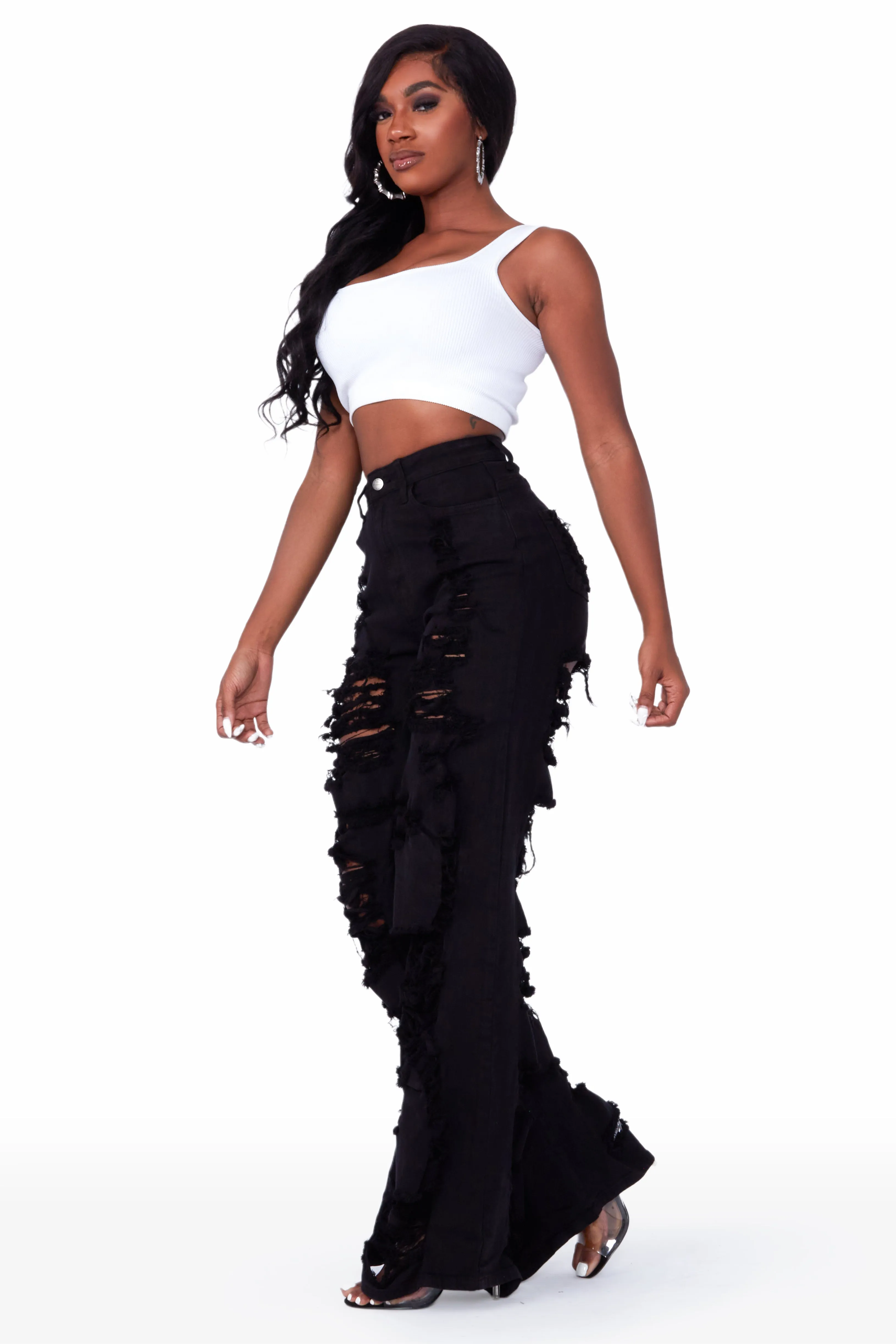 Angelique Black Shredded Wide Leg Jean