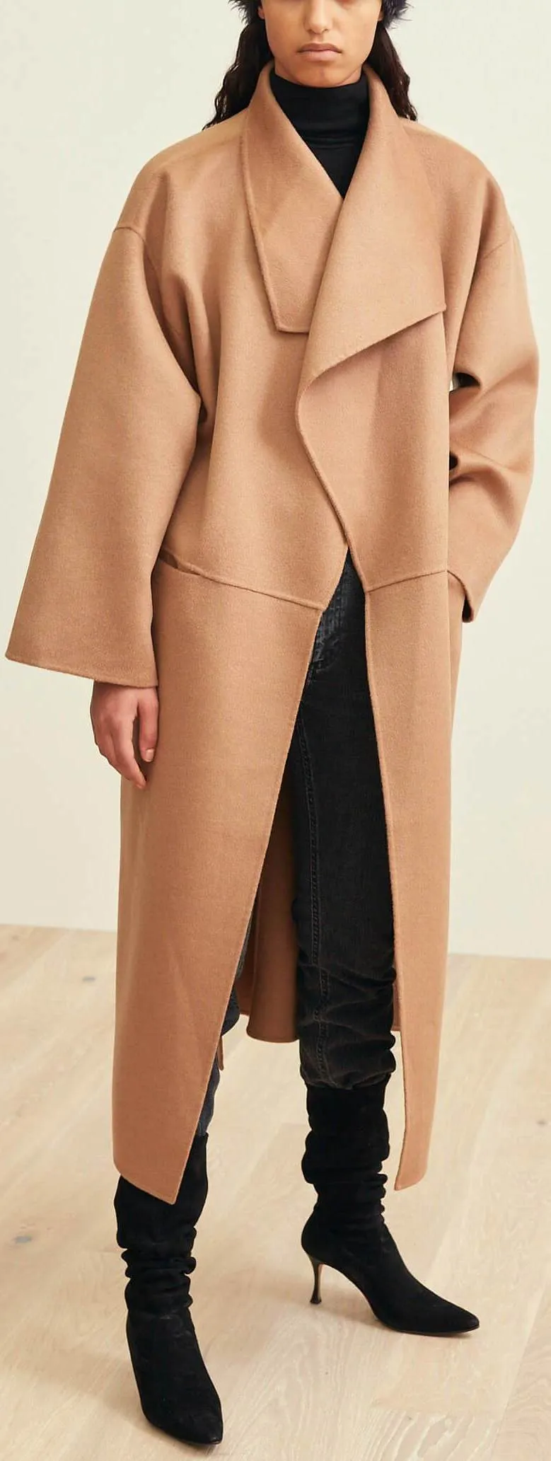 'Annecy' Draped Lapel Coat - Camel