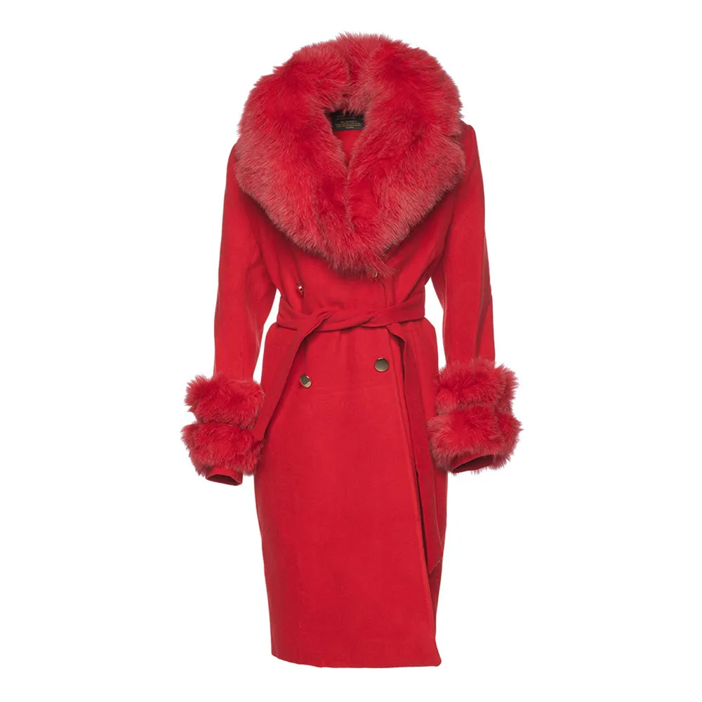 Aria Red chic long cashmere blend coat with fox fur