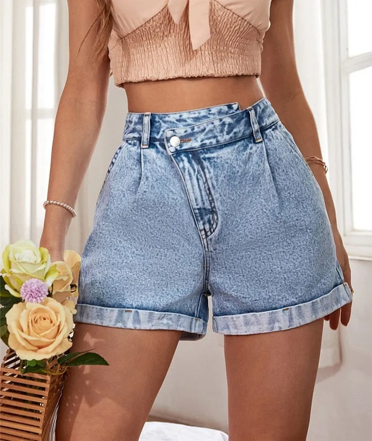 Asymmetrical Distressed Curly Straight High Waist Jean Shorts for Women