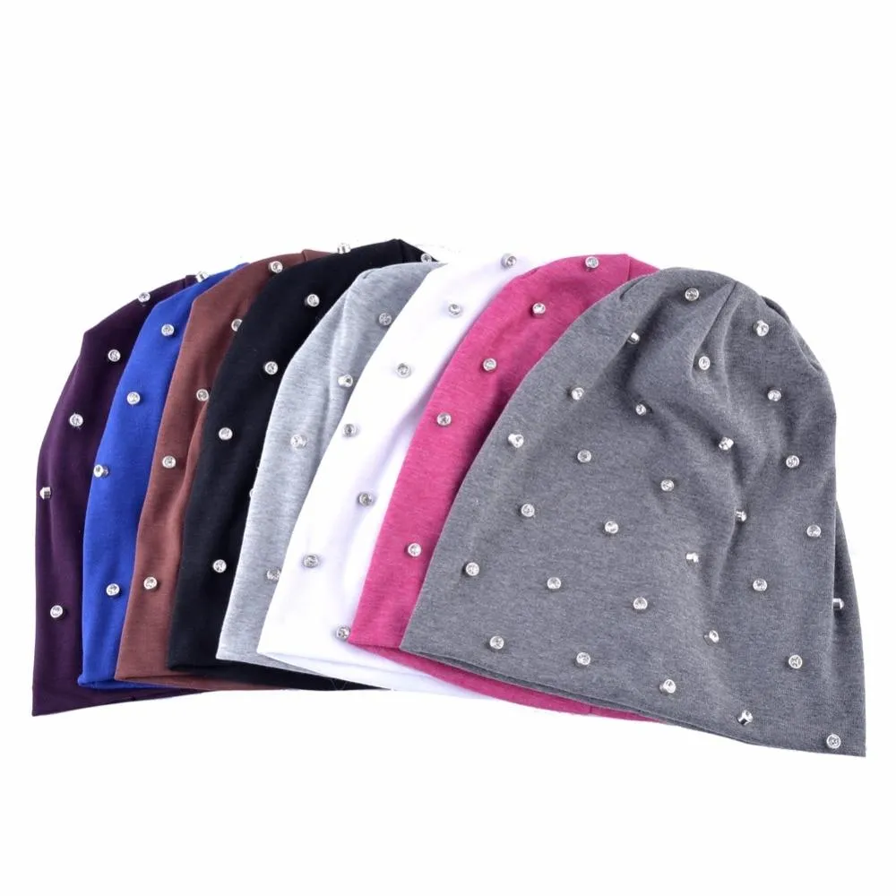 Autumn Cotton Rhinestone Slouch Beanies Hats for Women