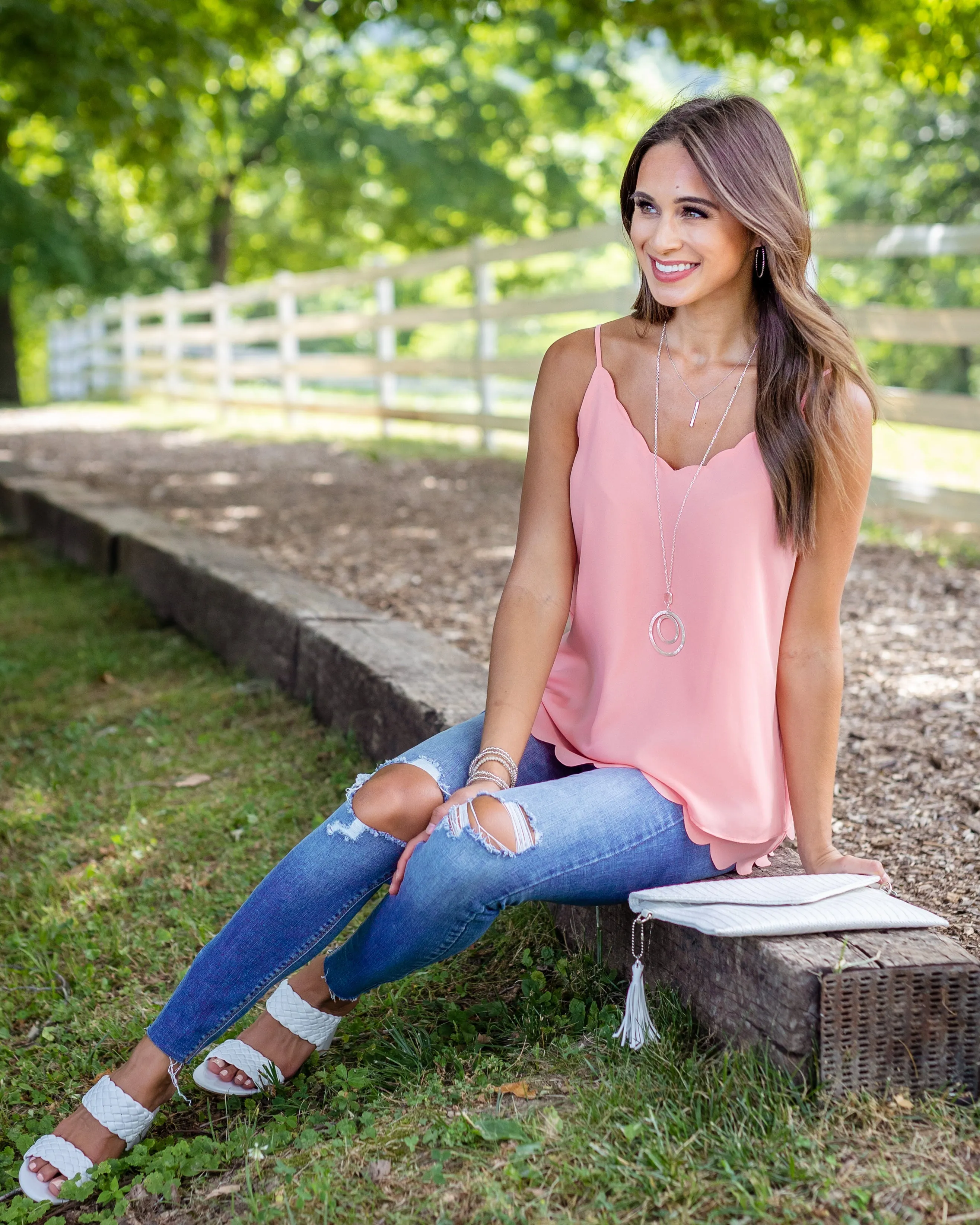 Ava Scalloped Hem Tank - Coral