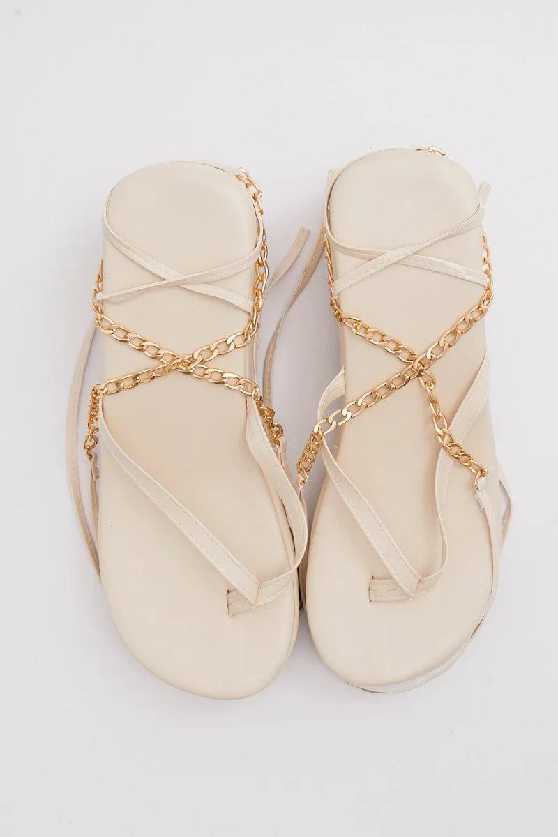 Beige Chain Decor Tie Leg Toe Post Wedge Thong Sandals