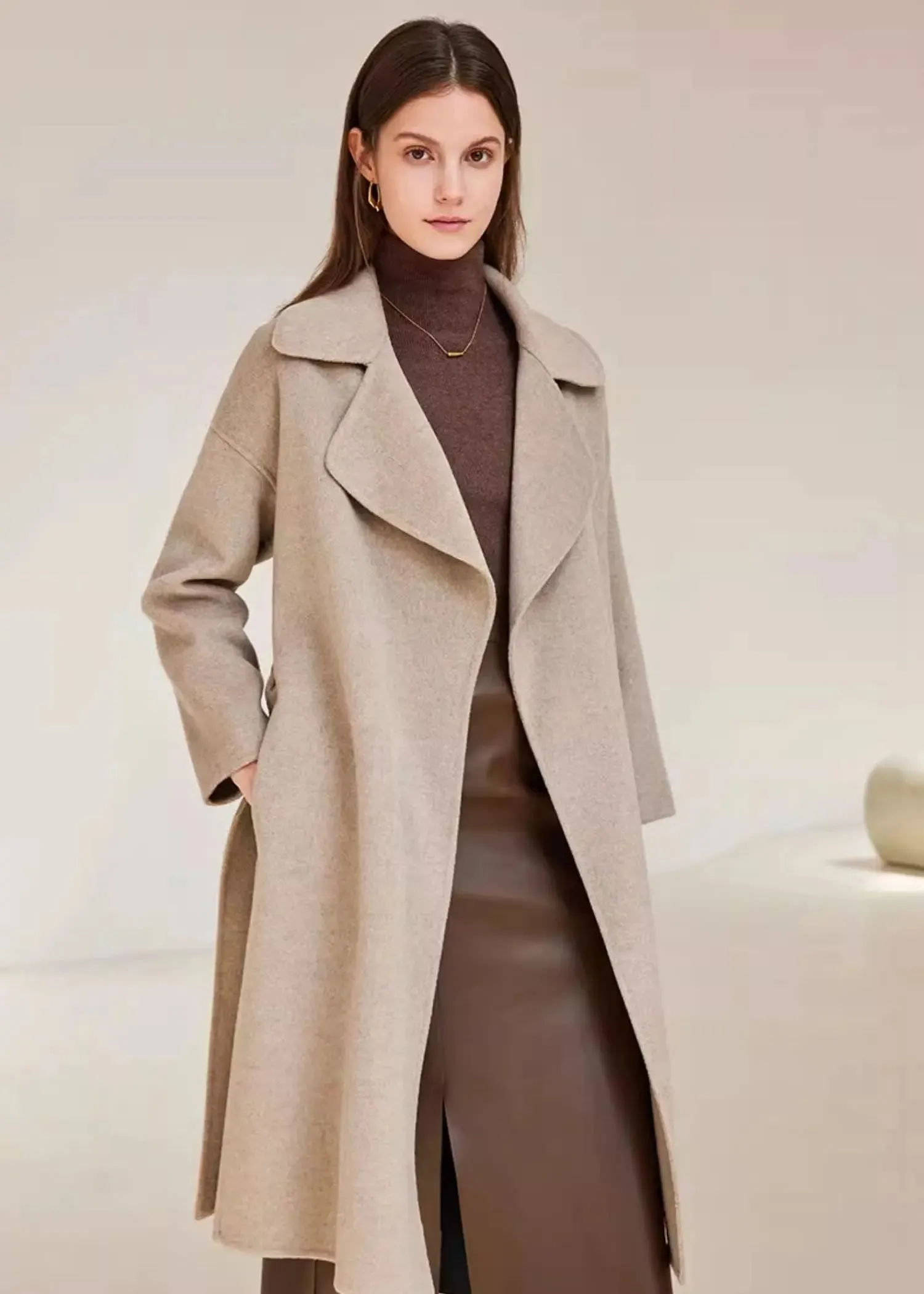 Belted Thigh Length Wool Coat