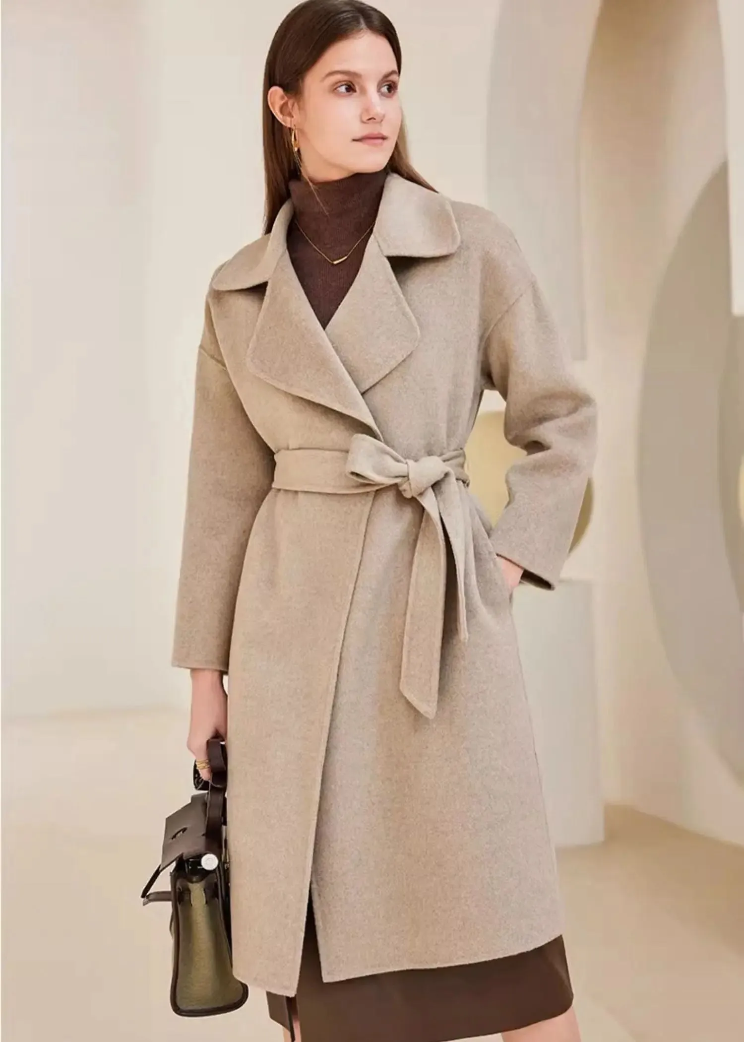 Belted Thigh Length Wool Coat