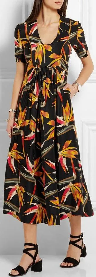 'Bird of Paradise' Print Silk Midi Dress