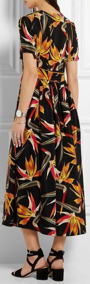 'Bird of Paradise' Print Silk Midi Dress