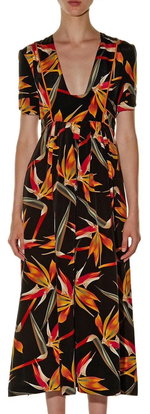 'Bird of Paradise' Print Silk Midi Dress