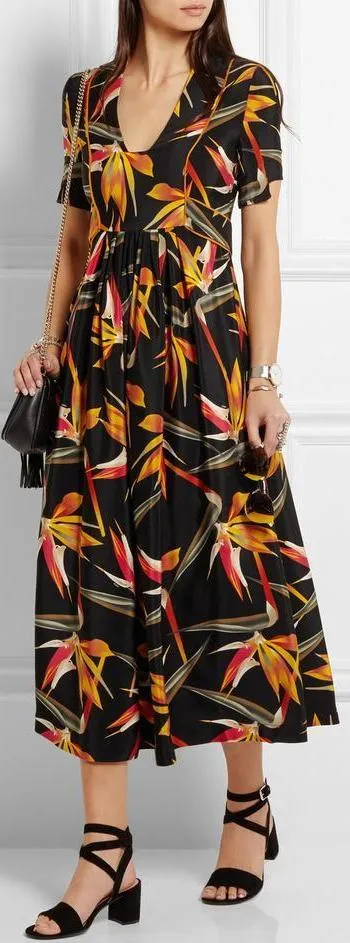 'Bird of Paradise' Print Silk Midi Dress