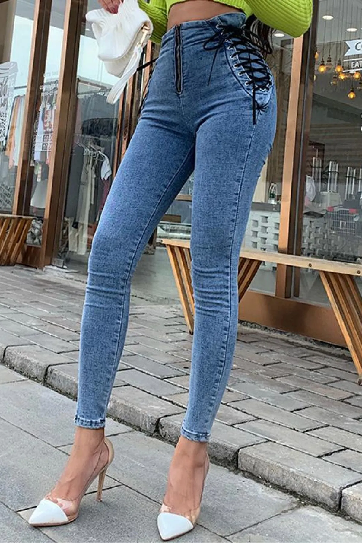 Blue High Waisted Front Zipper Lace Up Skinny Jeans