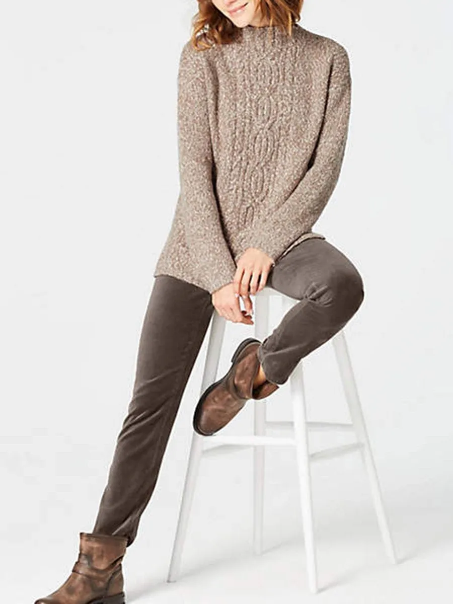 Brown High Neck Long Sleeve Pattern Sweater