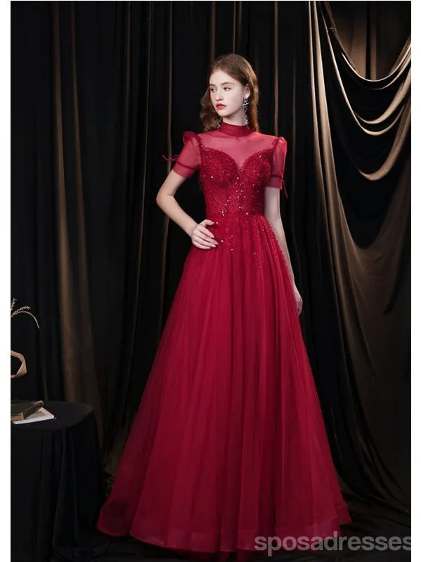 Burgundy A-line Short Sleeves Openback Long Prom Dresses Online,12767