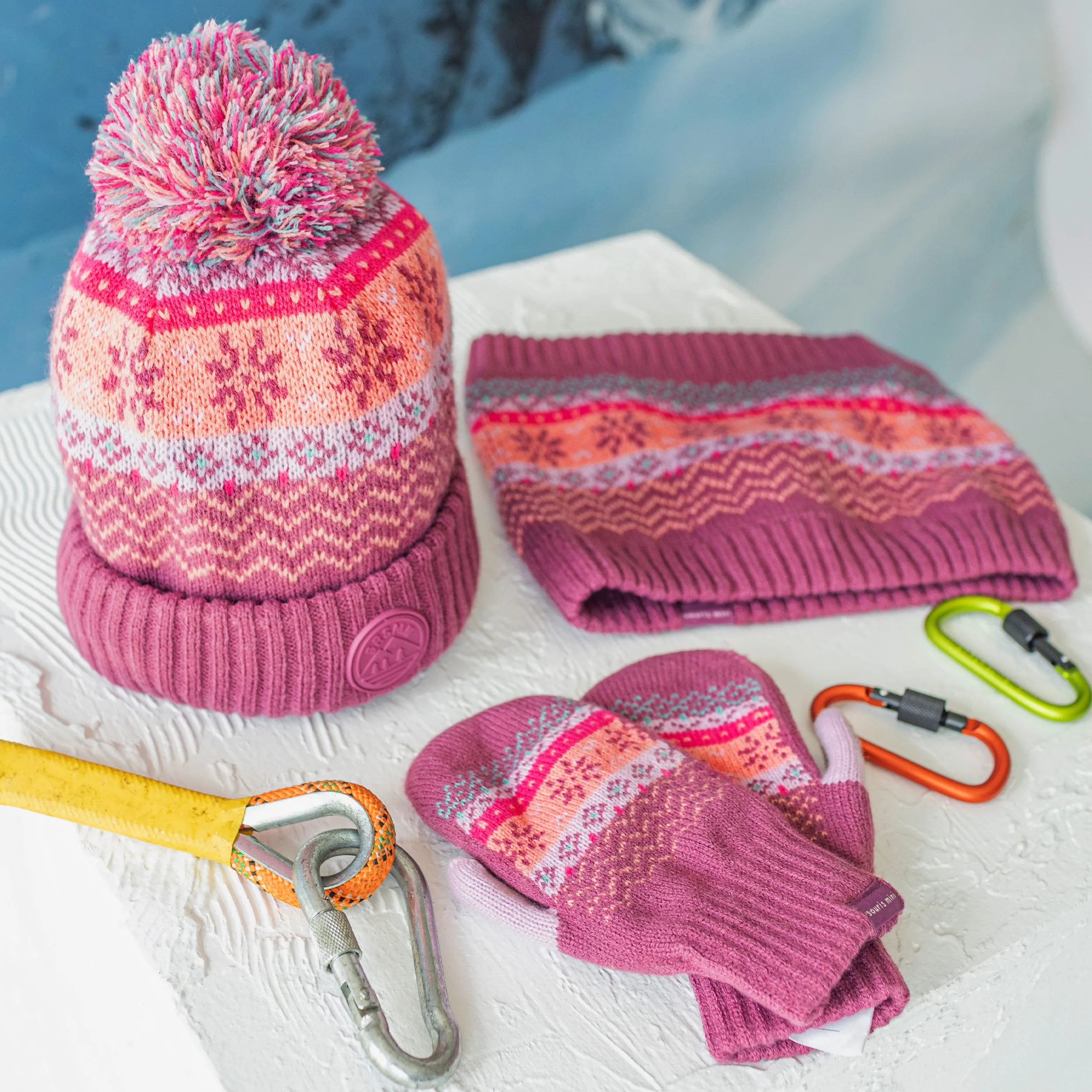 Cache-cou de maille rose, pêche et turquoise à motifs, enfant || Pink, peach and turquoise patterned neck warmer, child