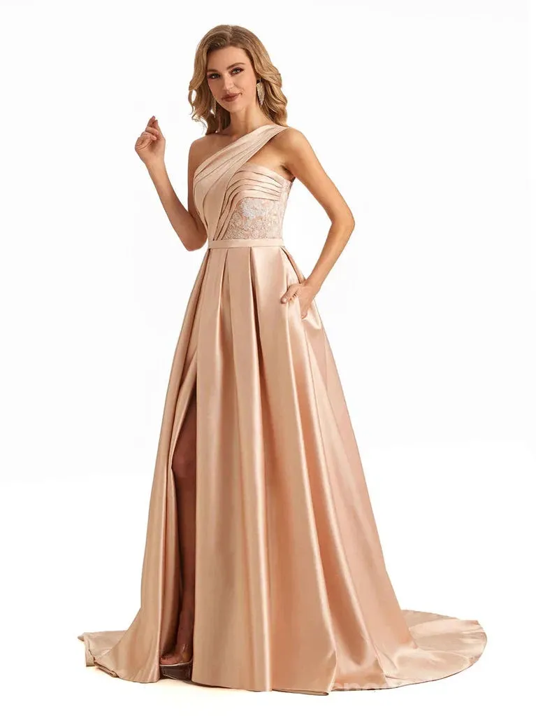 Champagne A-line One Shoulder High Slit Long Party Prom Dresses, Dance Dresses,12549