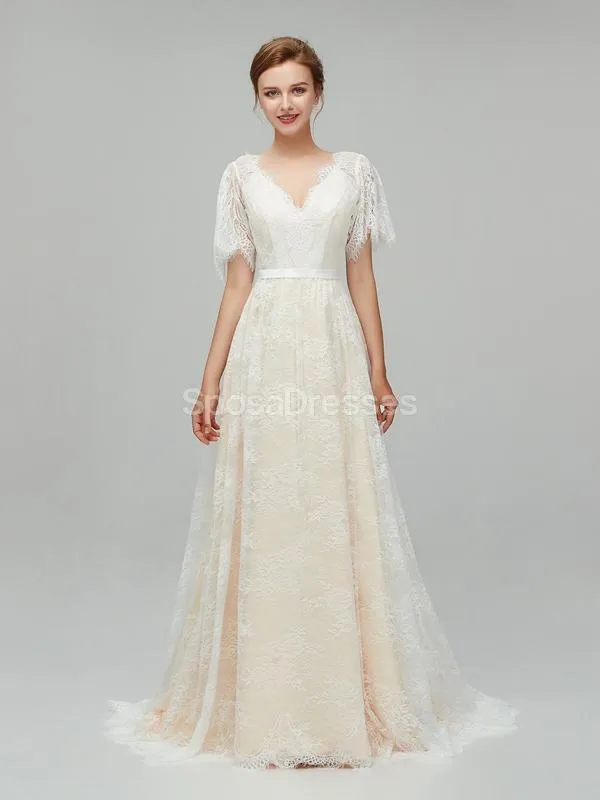 Champagne Short Sleeves Lace A-line Cheap Wedding Dresses Online, Cheap Bridal Dresses, WD561